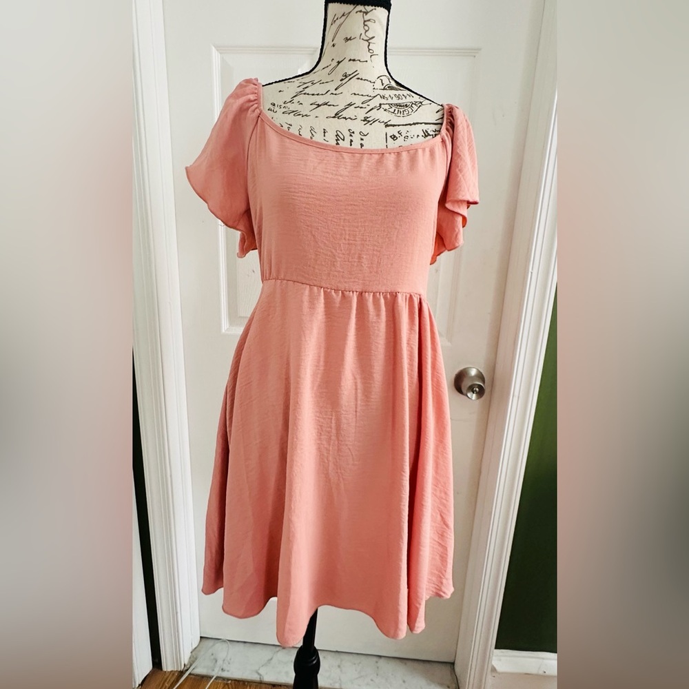 See You Monday Peach Flutter Sleeve Midi Dress